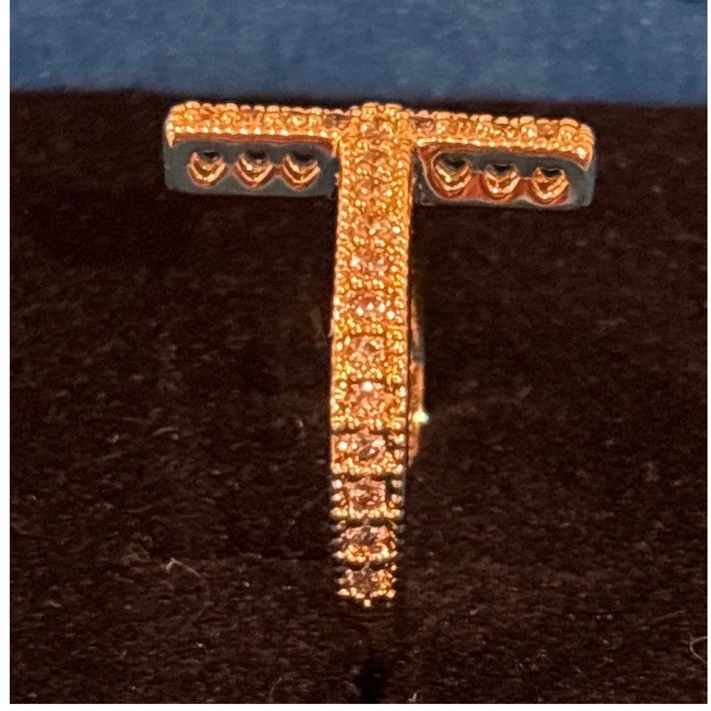 Gold Tone Sideways Cross Pavé Crystal Ring Heart Cutout Detail Statement Jewelry
